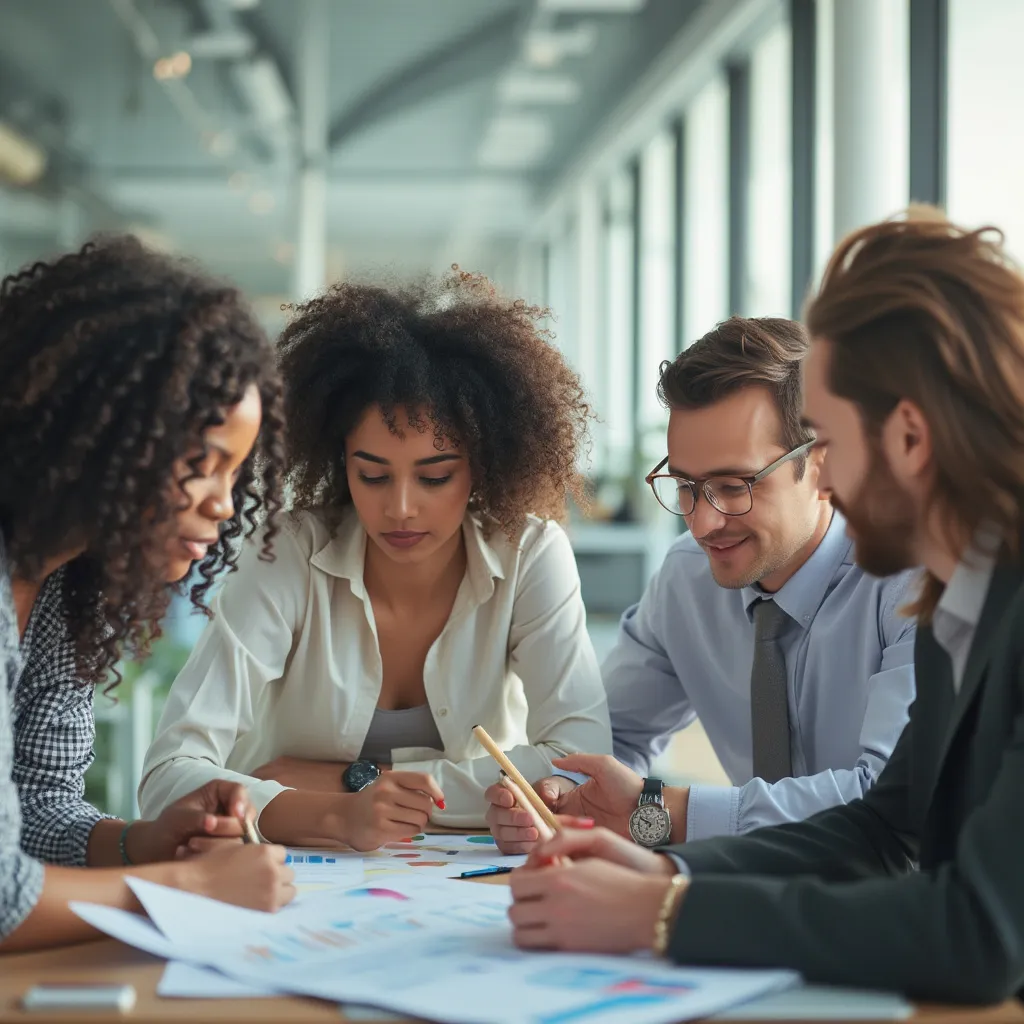 Equipo de consultoría colaborando en una oficina moderna